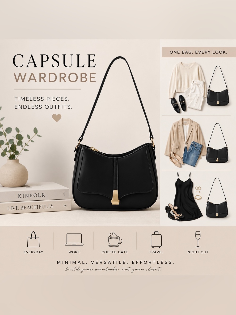 Black Vegan Leather Shoulder Bag | Gold Hardware| Adjustable Strap| Everyday Bag